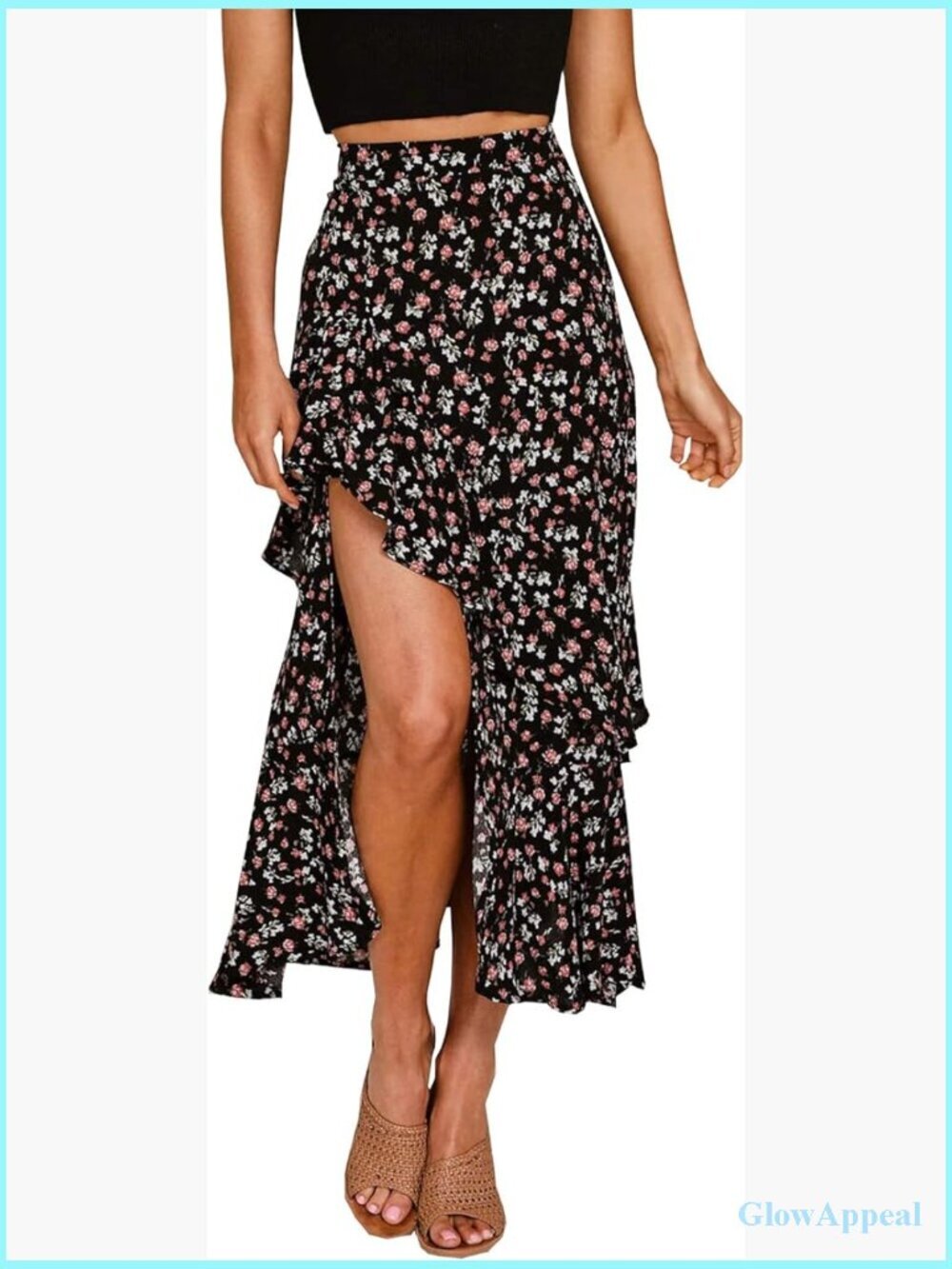 Floral Print Elastic Waist High Low Ruffle Split Maxi Skirt